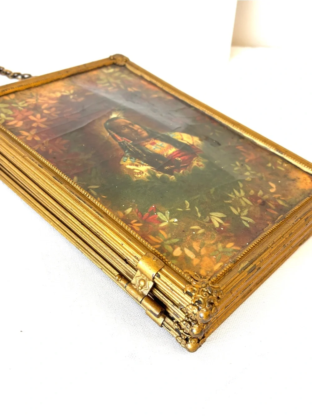 Mirror: Antique Victorian Beveled Tri-Fold Hanging Brass Indian Floral Wall Art